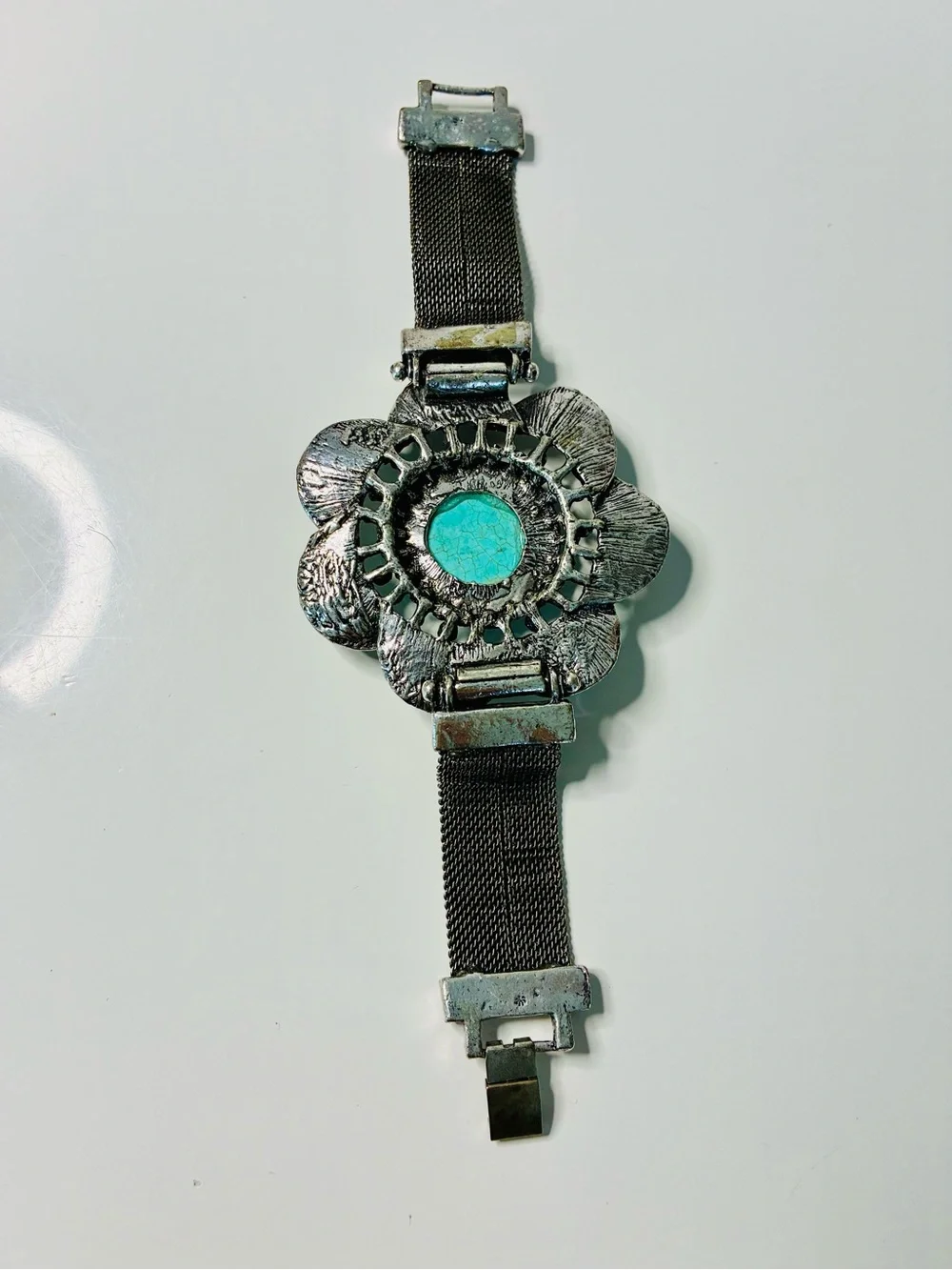 Faux Turquoise Center Floral Silver Bracelet - Women Jewelry Oversized Casual